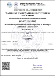 National Accreditation Board for Testing and Calibration Laboratories (NABL) accreditation certificate for Water and Wastewater Quality Testing Laboratory.